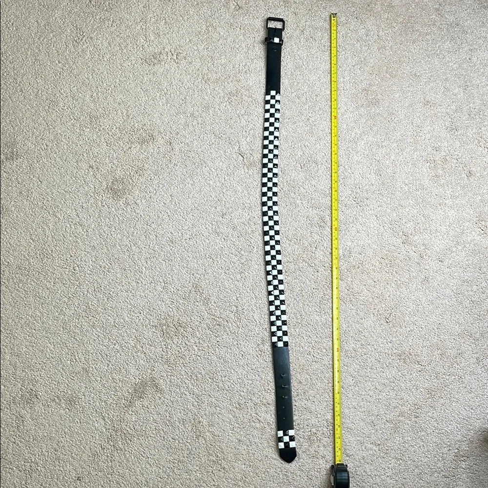 Black and White Checkered Leather Belt with Silver Buckle